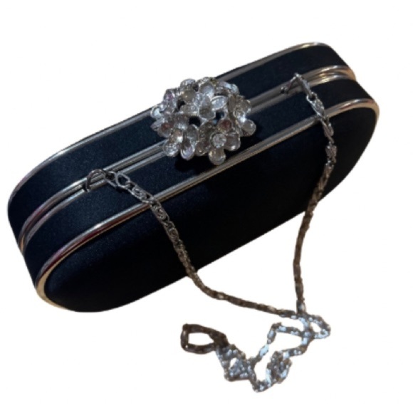 Lulu Townsend Satin Black Silver-tone Clutch, Floral embellishment, Strap - Picture 3 of 10